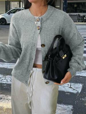 Ladies' Casual Simple Round Neck Button Long-sleeved Sweaters
