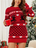 Women's Red Elk Jacquard Long Sleeve Sweater Mini Dress