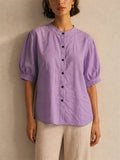 Women Linen Blend Puff Sleeve Button Down Summer Blouse