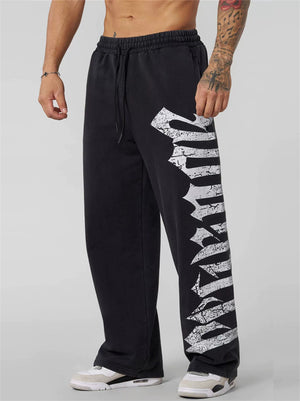 Men's Casual Printed Sports Mid Waist Elastic Wide Leg Straight Trousers