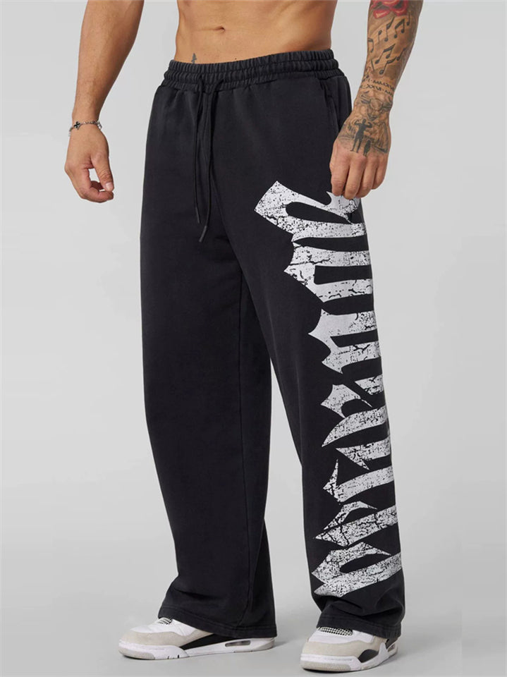 Men's Casual Printed Sports Mid Waist Elastic Wide Leg Straight Trousers