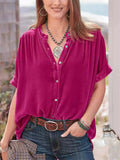 ‌Women's Elegant Velvet Button Up Round Neck Short Sleeve Blouse‌