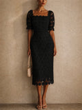 Women Elegant Crochet Square Neck Puff Sleeve Midi Dress