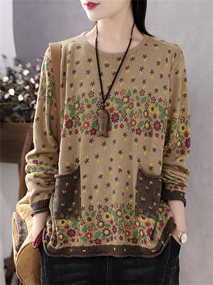 Women's Vintage Comfy Floral Pullover Knitted Shirts