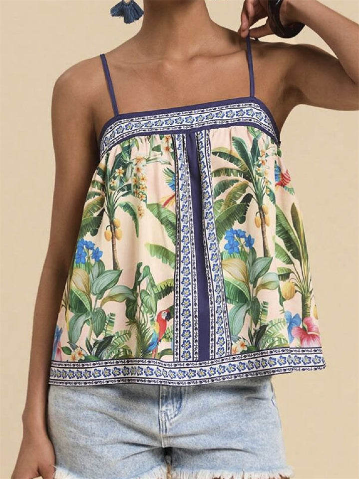 Women's Summer Holiday Style Contrast Color Print Strap Shirts