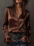 Women's Elegant Satin Blouse Long Sleeve Button Up Shirts