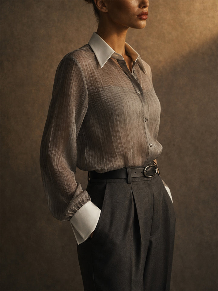 Womens Chic Sheer Shimmer Contrast Collar Cuff Pleated Blouse