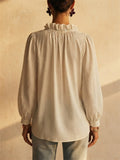 Womens Ruffle Neck V Neck Puff Long Sleeve Boho Blouse