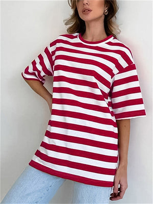 Energetic Stripes Round Neck Oversized T-shirts for Women