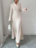 Spring Autumn Long Sleeve Casual Office Women's Knitted V Neck Maxi Dress