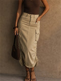 Women High Waist Elastic Ruched Jean Cargo Denim Midi Skirts