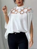 ‌White Polka Dot Mesh Panel Batwing Sleeve Top for Women
