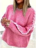 Women's Simple Contrast Trim Round Neck Drop Shoulder Sweater