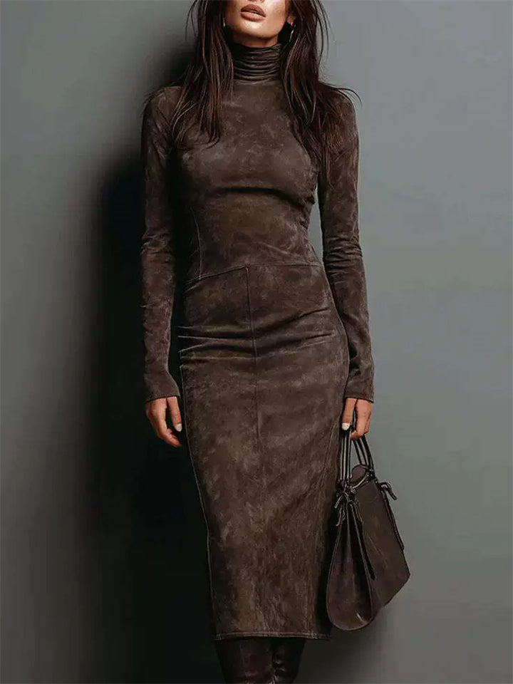 Vintage Slim Fit Velvet High Neck Long Sleeve Midi Dress for Women