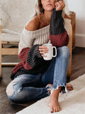 Lady Oversized Contrast Color Striped Knitted Off-shoulder Sweater
