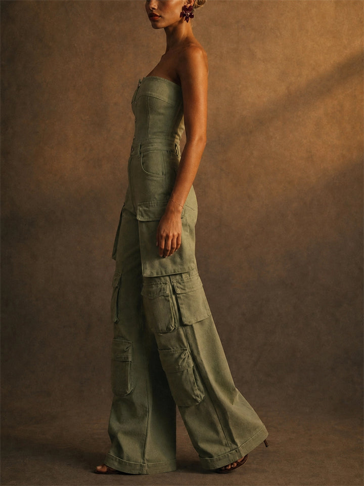 Women Green Denim Tube Top Wide Leg Cargo Jumpsuit
