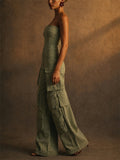 Women Green Denim Tube Top Wide Leg Cargo Jumpsuit