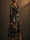 Women Gold Black Metallic V Neck Long Sleeve Cocktail Dress