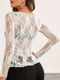 Sexy Sheer Lace Long Sleeve Sabrina Neck Shirts for Women