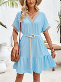 Women's Bohemian Lace V Neck Short Sleeve Ruffled Dress with Waistband