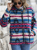 Women's Autumn Contrast Color Button Up Geometric Pattern Fleece Coats