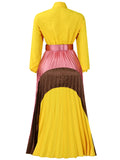 Women's Long Sleeve Tie Neck Pleated Maxi Dress With Belt