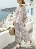 Women's 2pcs Summer Casual Stripe Short Sleeve Top & Pants Set