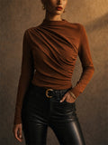 Womens Elegant Mock Neck Ruched Draped Long Sleeve Slim Top
