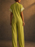 Women Zip Up Short Sleeve Striped Athletic Jumpsuit