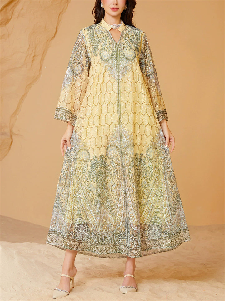 Women's Yellow Elegant Embroidery Beads Round Neck Muslim Robe Dress