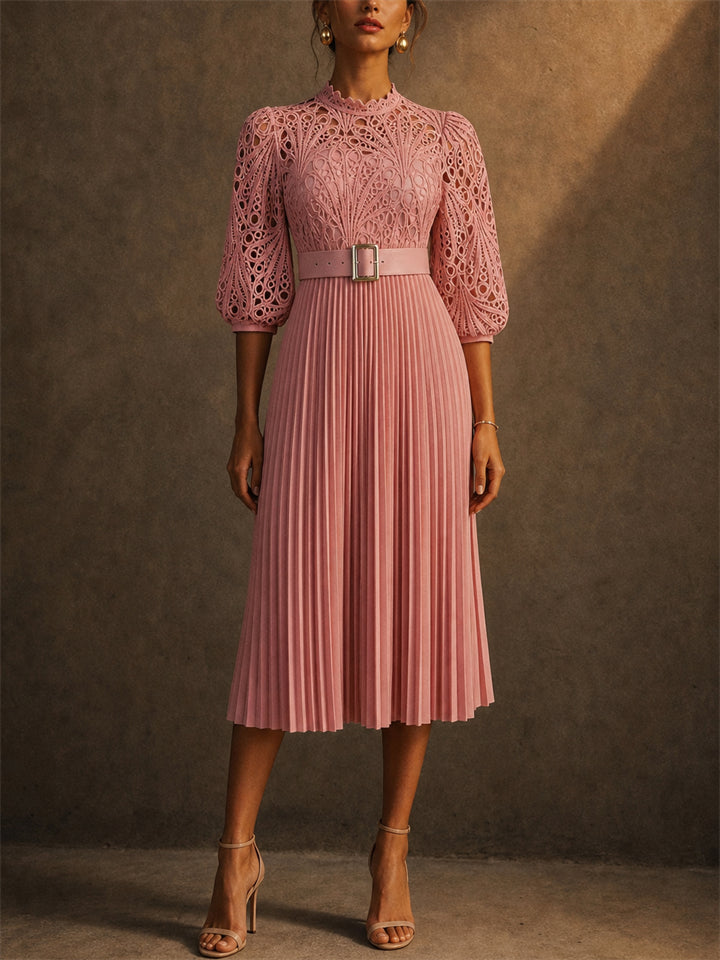 Women Hollowed Lace Puff Sleeve Belted Pleated Formal Midi Dress