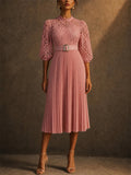 Women Hollowed Lace Puff Sleeve Belted Pleated Formal Midi Dress