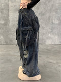 Women's Streetwear Distressed Ripped Cargo Denim Pants with Pockets