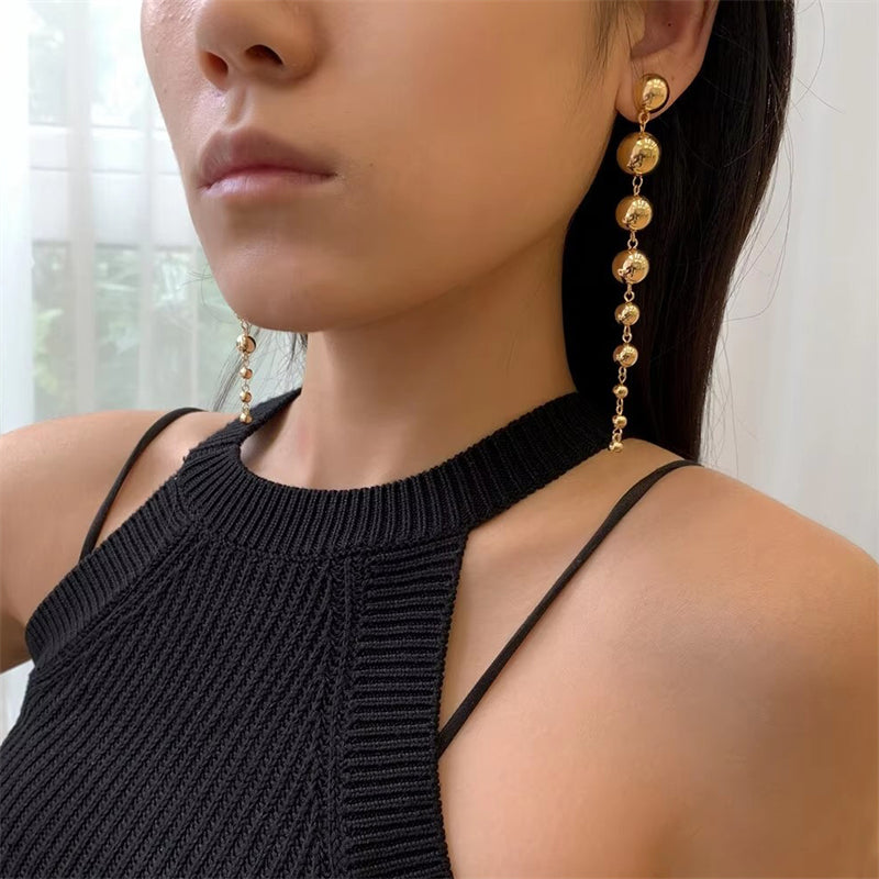 Vintage Golden Bead Long Pendant Earrings for Lady