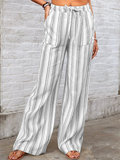 Women's Summer Stripe Pockets Drawstring Wide Leg Pants