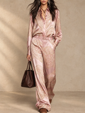 Women Two Piece Paisley Satin Shirt and Wide Leg Pants Outfit