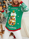 Women's Autumn Red Cartoon Kitten Jacquard Round Neck Christmas Sweaters