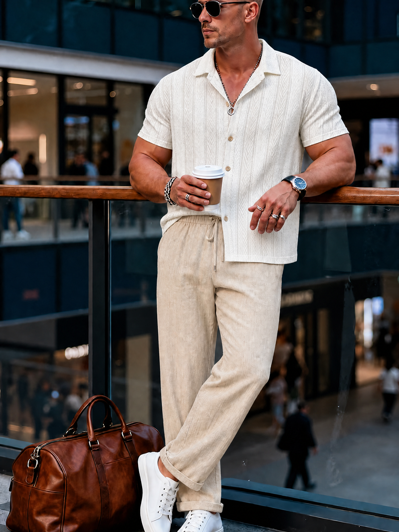 Mens Casual Summer Outfit Textured Shirt and Pants Beach Set