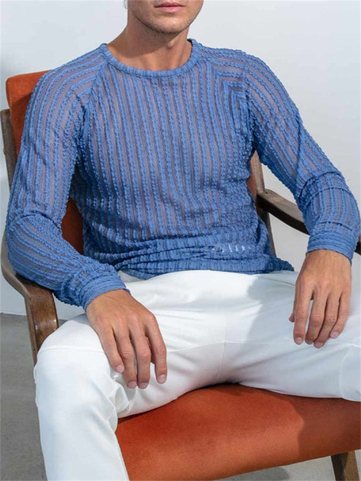 Male's Blue Texture Striped Long Sleeve Round Neck Undershirt