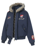 Men's Winter Warm Parka with Detachable Faux Fur Hood and Printed Badges