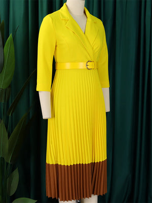 Women's Mid Sleeve Office Lady Style Blazer Collar Pleated Midi Dress With Belt