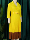 Women's Mid Sleeve Office Lady Style Blazer Collar Pleated Midi Dress With Belt