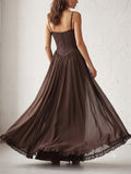 Women Coffee Elegant Flowy Lace Corset Pleated Maxi Dress