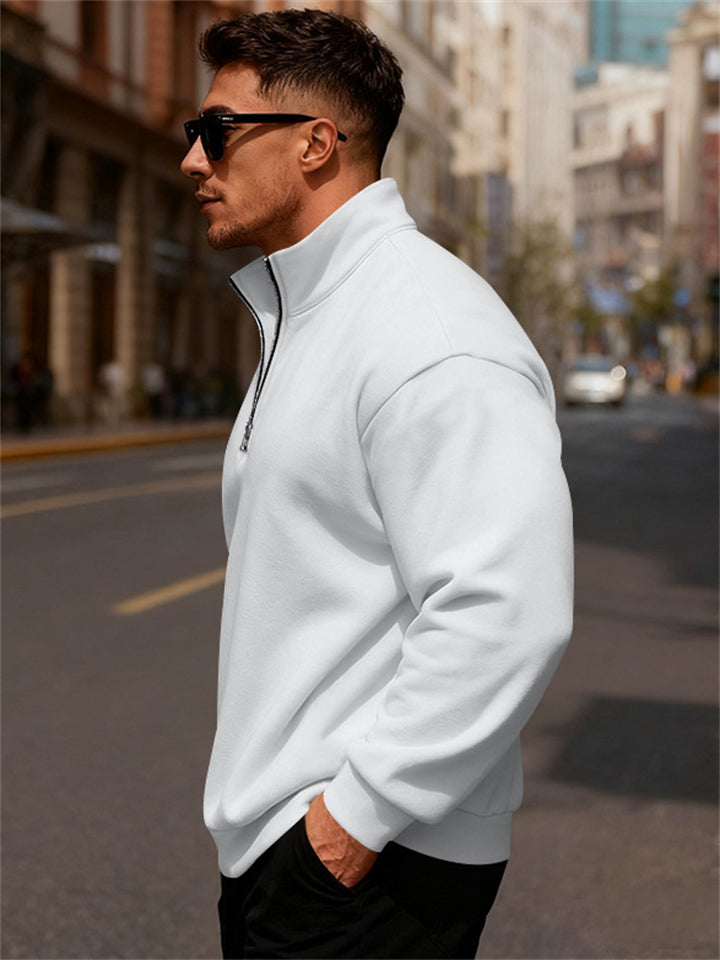 Men's Autumn Fleeced Solid Color Half Zipper Stand Collar Sweatshirts