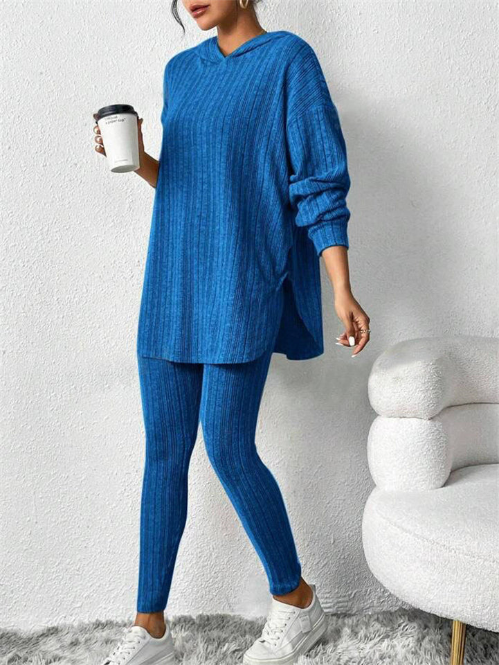 Autumn Casual Ribbed Knit Striped Loose Fit Hoodie and Trousers Set for Women