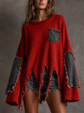 Womens Oversized Distressed Ribbed Knit Denim Patch Sweater