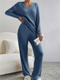 Women's Comfy V Neck Long Sleeve Ribbed Knit Top & Pants Outfits