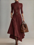 Women Turtleneck Top and Faux Suede Asymmetric Maxi Skirt Two Piece Set