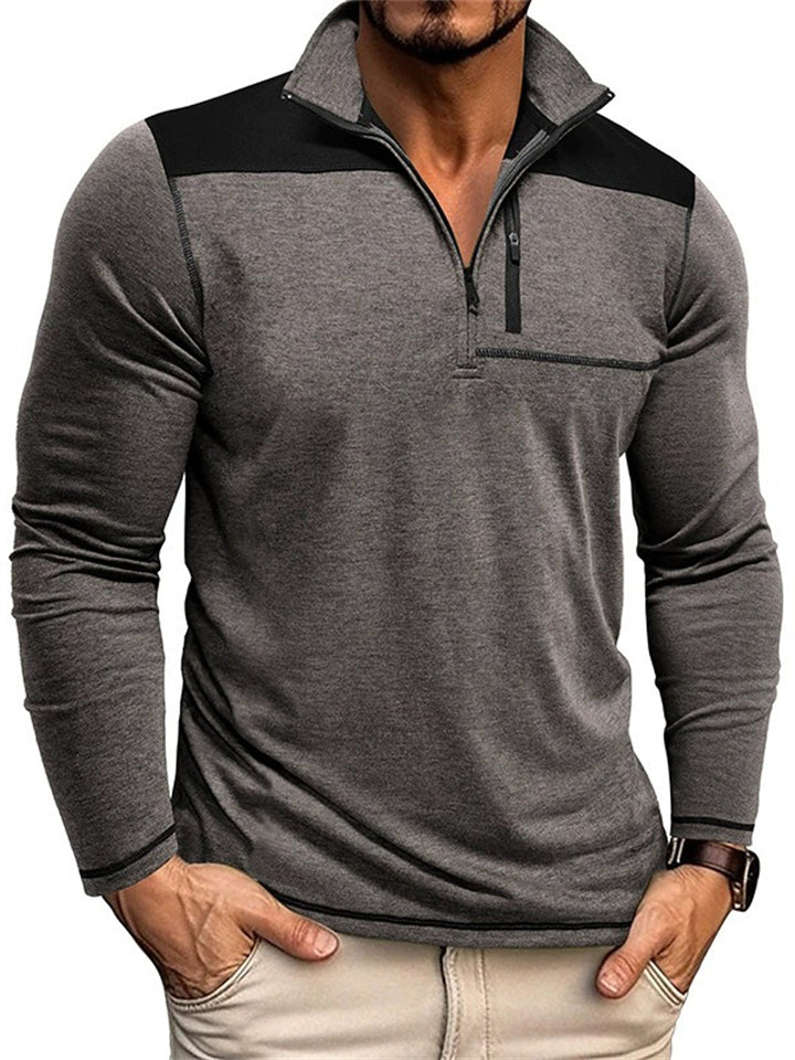 Men's Retro Contrast Color Stand Collar Zipper Pullover Long Sleeve Shirts