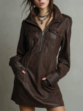 ‌Women's ‌Cool Girl‌ Style Faux Leather Front Zipper Mini Dress with Pockets‌